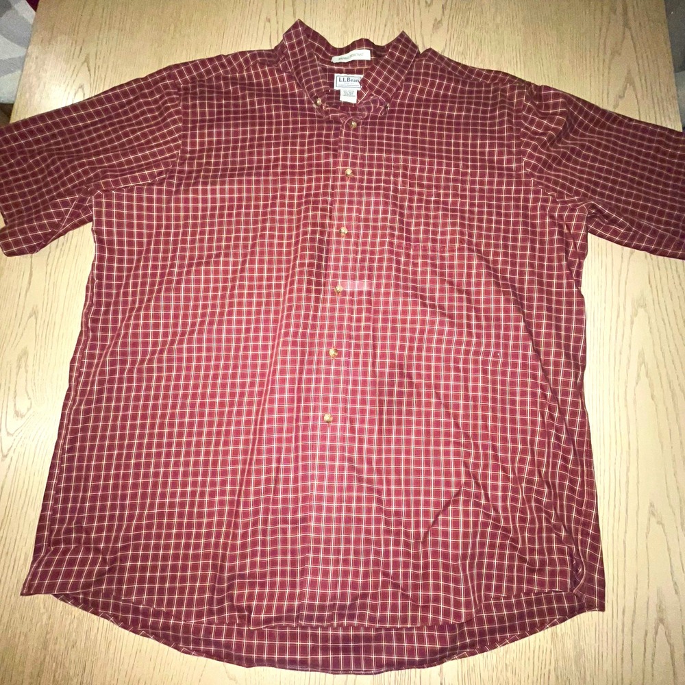 L.L.Bean Shirt Mens XXL Burgundy White Plaid Wrinkle Resistant Button Down